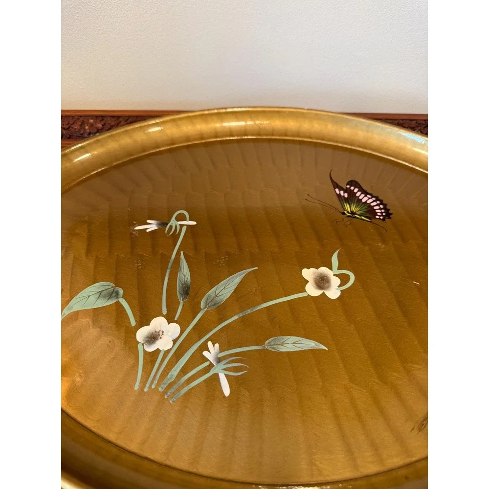 Vintage Gold Lacquer Tray, Hand Painted Butterfly Oval‎ Serving Tray - 18